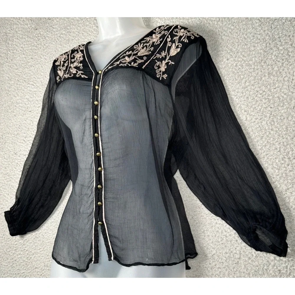 Free People Piped Dreams Blouse Women's S Black Sheer Embroidered Boho Gothic